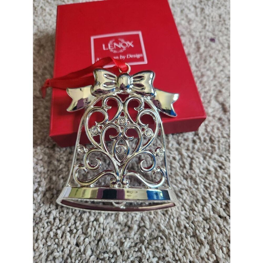 Lenox Sparkle and Scroll Clear Crystal Bell Ornament Silverplate